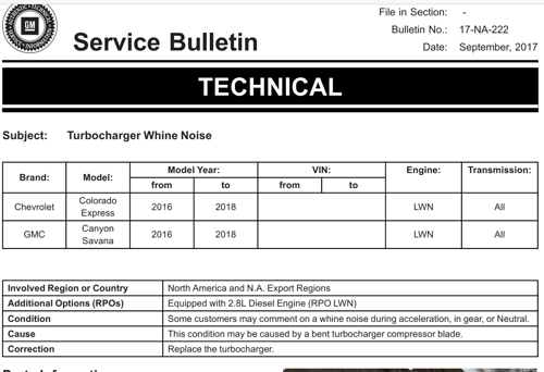 Capture of 2017 GM Service Bulletin about 2.8L failed turbochargers